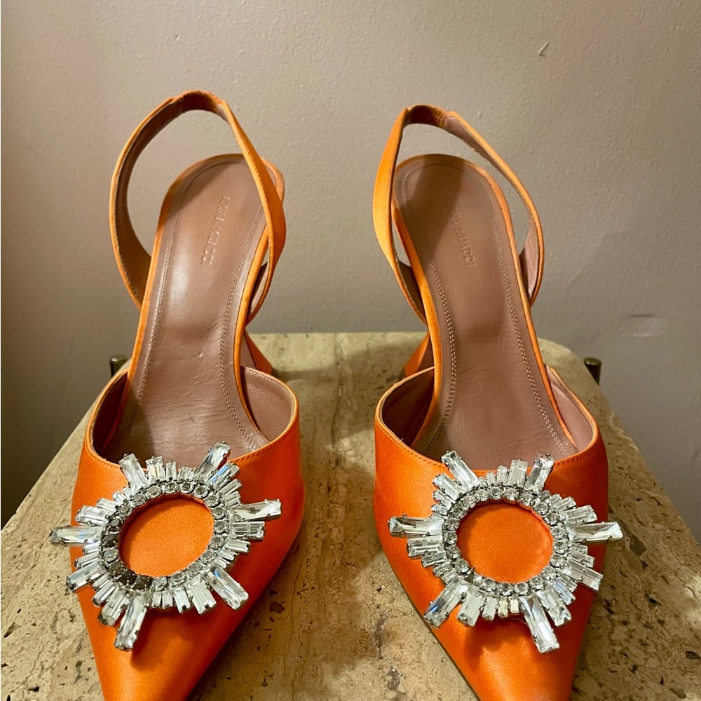 Amina Muaddi Orange Heels with Crystal Embellishment
